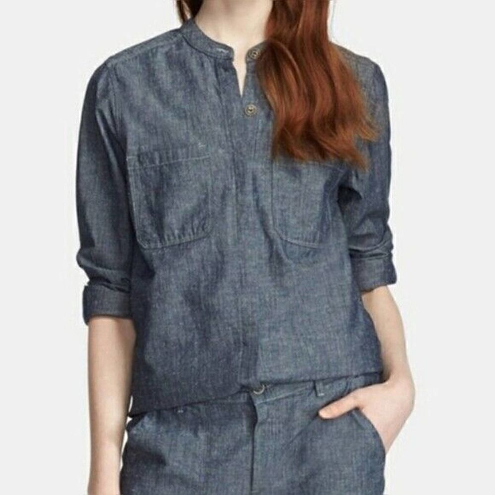 Vince. Patch Pocket Shirt Blue Rinse Button down Chambray Mandarin Collar XS